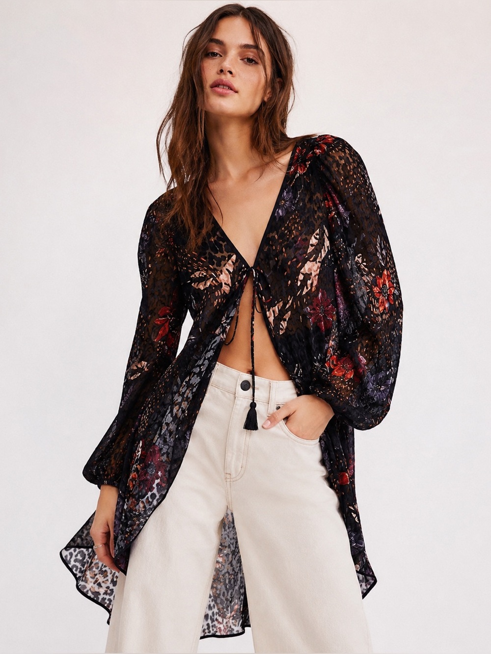 Free People Burnout Effect High / Low Kimono Blouse Cardigan XS Whimsygoth Boho